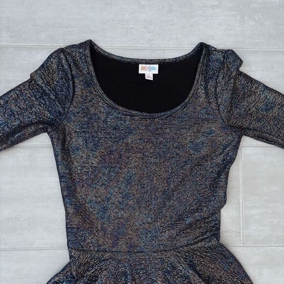 Lularoe Elegant Nicole Dress Rainbow Mermaid Swing Shimmer Iridescent Oil Slick - Picture 5 of 8